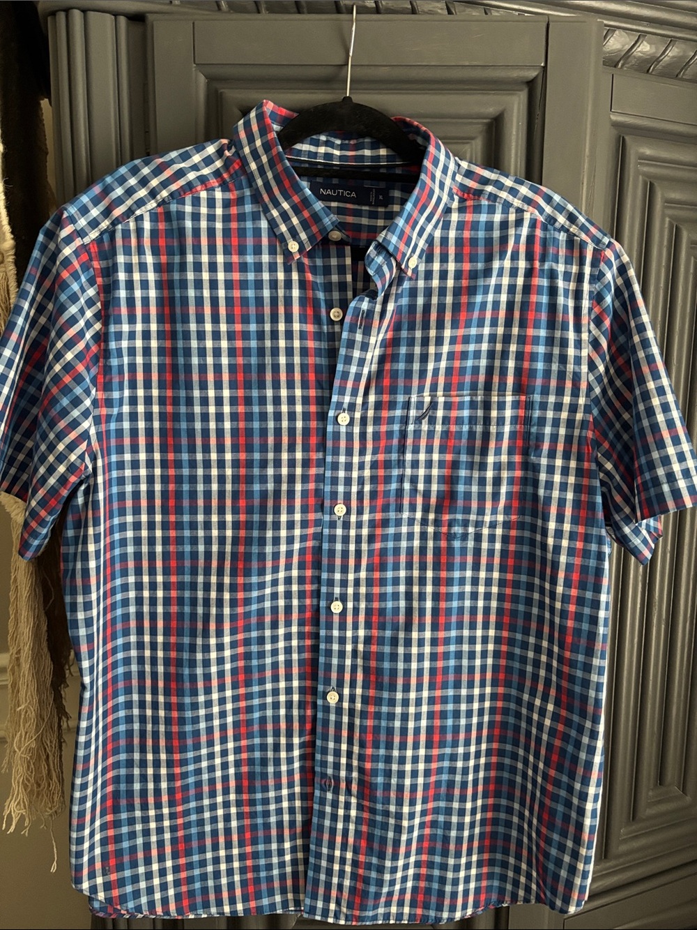 Nautica Red, Blue & White Plaid Short-Sleeve Button-Down Shirt
